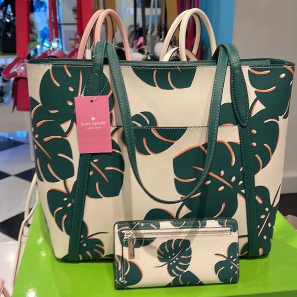 Kate Spade Cara Large Tote Monstera Leaves & Large Slim Bifold Wallet Cream Mult - Picture 3 of 16